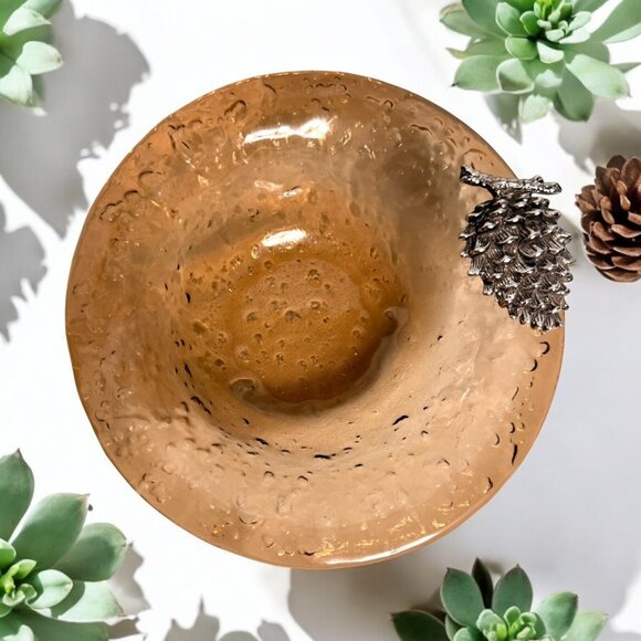 Hand Blown Amber Art Glass Dish With Silver-Tone PINECONE Embellishment - Picture 3 of 8